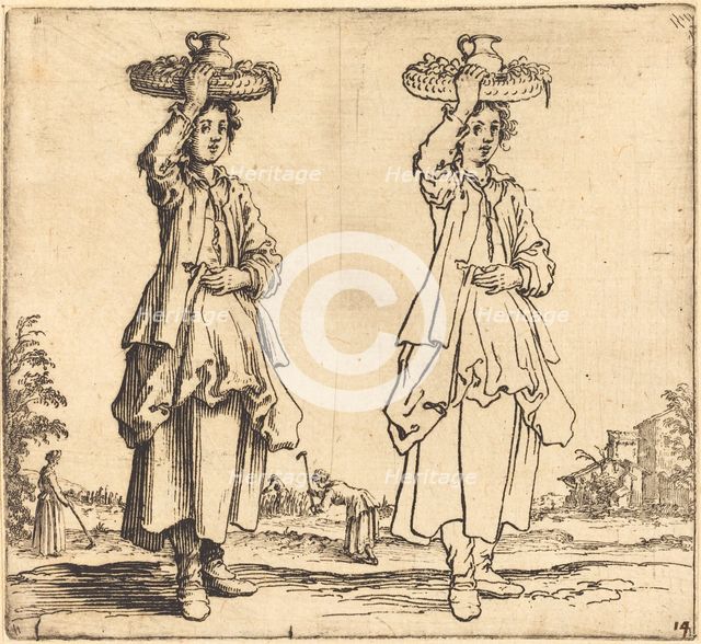 Peasant Woman with Basket on Head, Front View, 1617 and 1621. Creator: Jacques Callot.