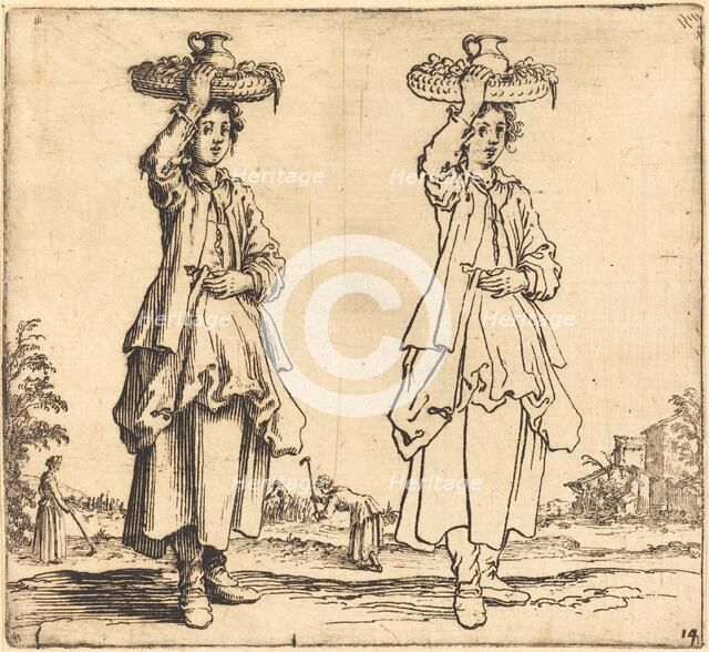Peasant Woman with Basket on Head, Front View, 1617 and 1621. Creator: Jacques Callot.