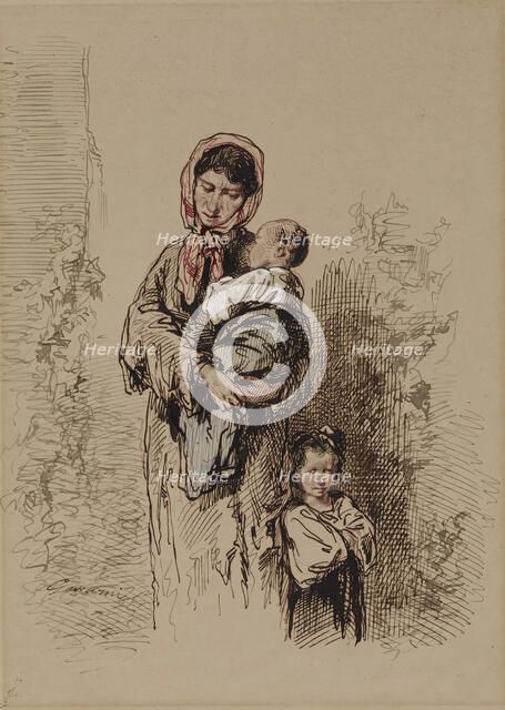 Peasant Woman with Two Young Children, 1852-1866. Creator: Paul Gavarni.