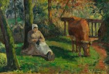 Peasant Woman and Cow, Montfoucault, 1875. Creator: Pissarro, Camille (1830-1903)