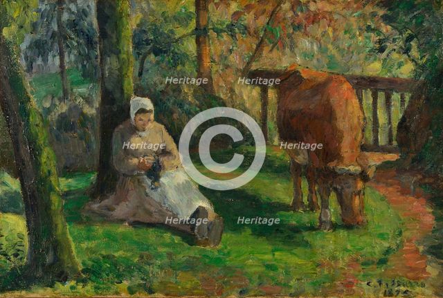 Peasant Woman and Cow, Montfoucault, 1875. Creator: Pissarro, Camille (1830-1903).
