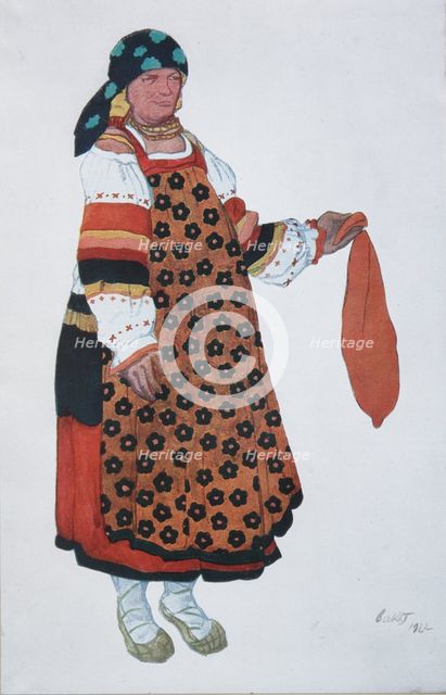Peasant woman. Costume design for the Vaudeville Old Moscow at the Théâtre Femina in Paris, 1922. Artist: Bakst, Léon (1866-1924)