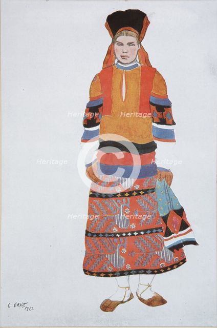 Peasant woman. Costume design for the Vaudeville Old Moscow at the Théâtre Femina in Paris, 1922. Artist: Bakst, Léon (1866-1924)