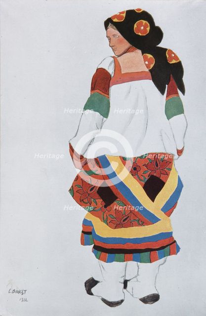 Peasant woman. Costume design for the Vaudeville Old Moscow at the Théâtre Femina in Paris, 1922. Artist: Bakst, Léon (1866-1924)