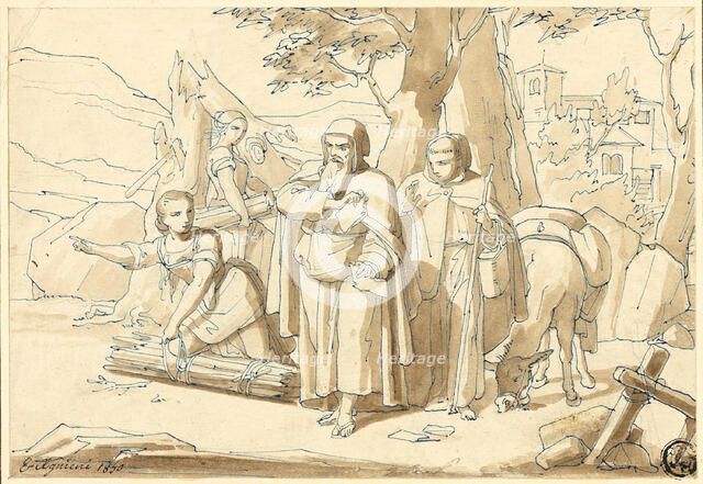 Peasant Woman Giving Directions to Monks, 1850. Creator: Eugenio Agneni.