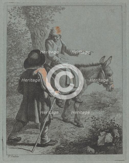 Peasant Woman Seated on a Donkey and a Peasant Man. Creator: Francesco Londonio.
