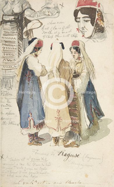 Peasant Women from Ragusa, 1848-1866. Creator: Edward Lear.