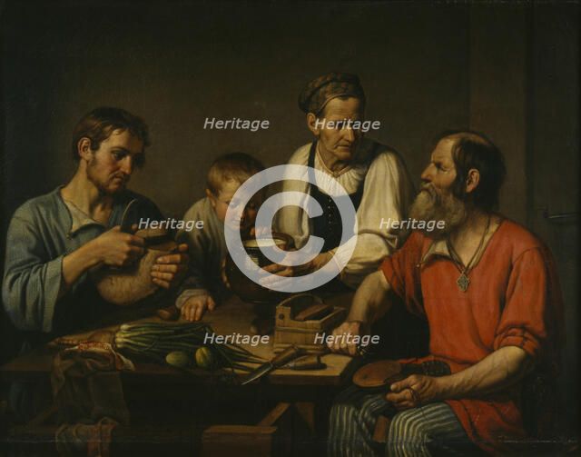 Peasant family before dinner, 1824. Artist: Solntsev, Fyodor Grigoryevich (1801-1892)