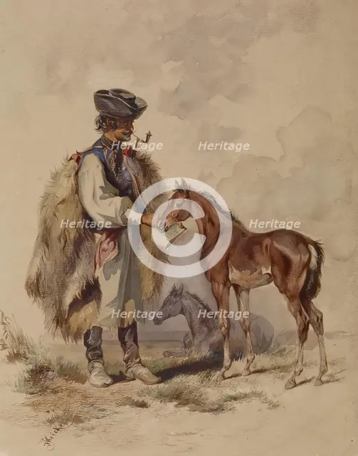 Peasant Feeding a Colt, c1850. Creator: Joseph Heicke.