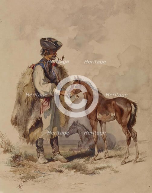 Peasant Feeding a Colt, c1850. Creator: Joseph Heicke.