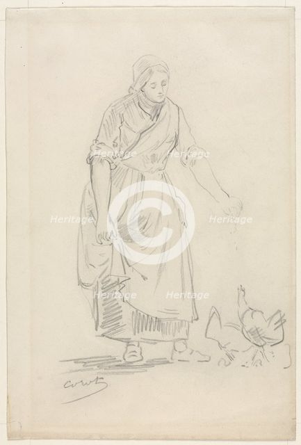 Peasant Girl Feeding Chickens, 1800s(?). Creator: Jean Baptiste Camille Corot (French, 1796-1875).