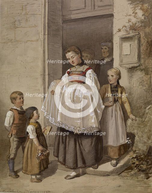 Peasant Girl Holding Baby in Christening, 1863. Creator: Hubert Salentin.