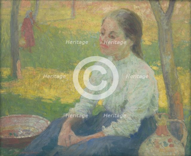 Peasant girl in a garden, 1910. Creator: Elemír Halász-Hradil.