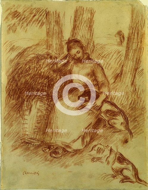 Peasant Girl with Dog, c. 1894. Creator: Pierre-Auguste Renoir (French, 1841-1919).
