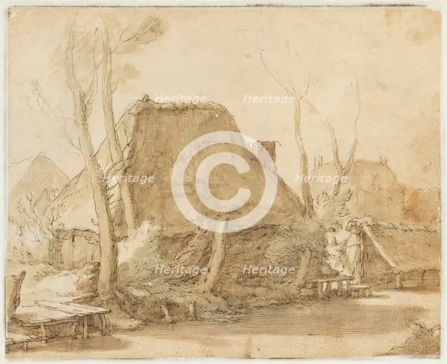 Peasant huts on the banks of a river; around it bare trees, stumps and bushes, to the left... Creator: Abraham Bloemaert.