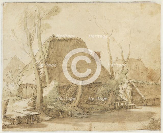 Peasant huts on the banks of a river; around it bare trees, stumps and bushes, to the left... Creator: Abraham Bloemaert.