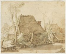Peasant huts on the banks of a river; around it bare trees, stumps and bushes, to the left... Creator: Abraham Bloemaert