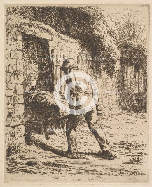 Peasant Pushing A Wheelbarrow, 1855. Creator: Jean Francois Millet.