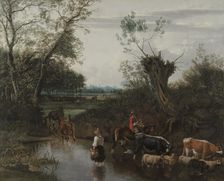 Peasants Crossing a Stream, c. 1670. Creator: Jan Siberechts (Flemish, 1627-c. 1703)