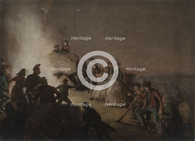 Peasants dance around a fire on a hillside, Saint John's Eve, 1816-1890. Creator: Jorgen Sonne.