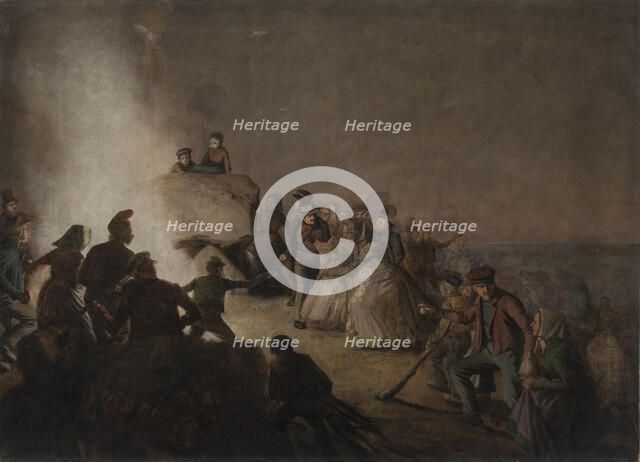 Peasants dance around a fire on a hillside, Saint John's Eve, 1816-1890. Creator: Jorgen Sonne.