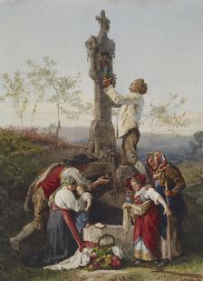 Peasants Decorating Wayside Shrine, 1864. Creator: Gustave Brion