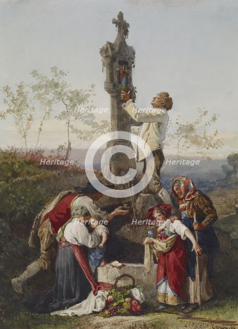 Peasants Decorating Wayside Shrine, 1864. Creator: Gustave Brion.