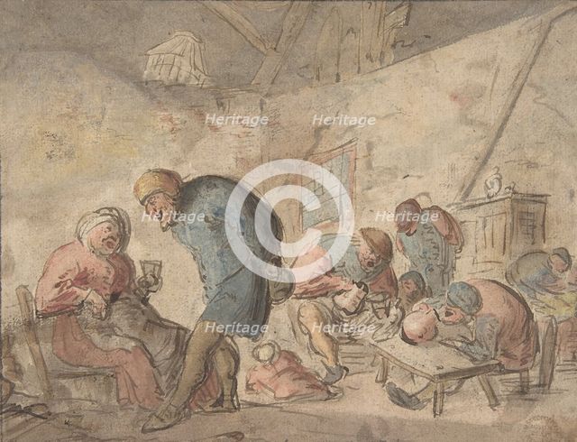 Peasants Drinking, verso: sketches of peasants, 1610-85. Creator: Attributed to Adriaen van Ostade.