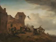 Peasants fighting near a Village, c.1646. Creator: Philip Wouverman