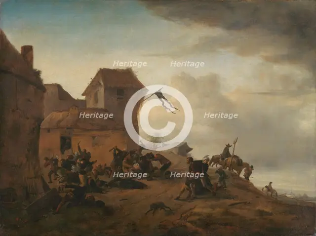 Peasants fighting near a Village, c.1646. Creator: Philip Wouverman.