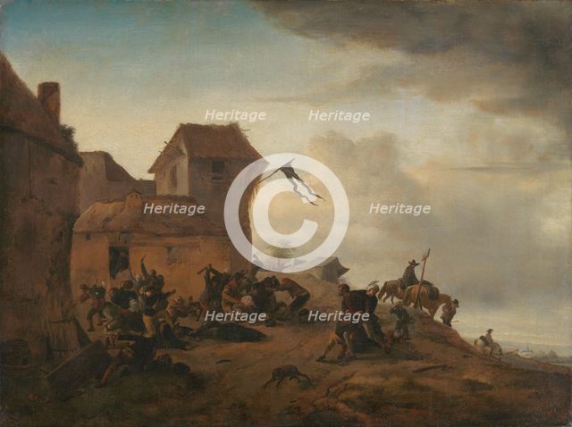 Peasants fighting near a Village, c.1646. Creator: Philip Wouverman.