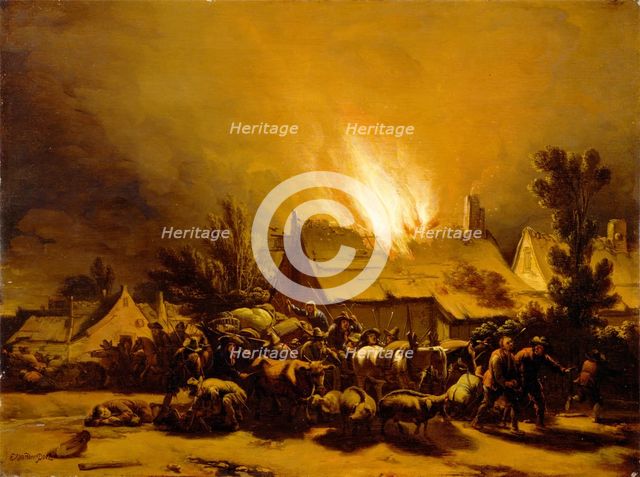 Peasants Fleeing a Burning Barn, c1655. Creator: Egbert van der Poel.