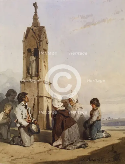 Peasants Kneeling Before Shrine, c1840. Creator: Charles Ramelet.