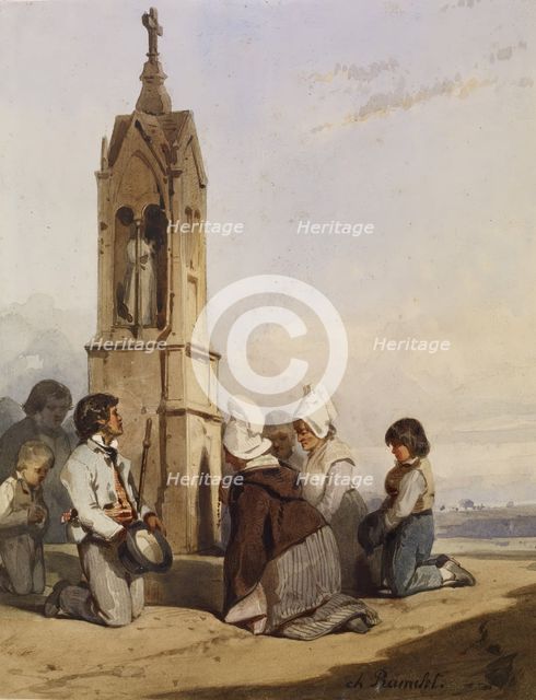 Peasants Kneeling Before Shrine, c1840. Creator: Charles Ramelet.