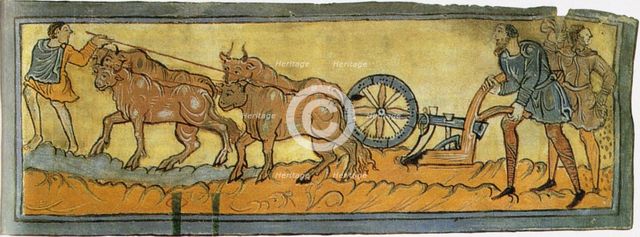 Peasants ploughing (Miniature from the Cotton MS Tiberius), 11th century. Artist: Anonymous  