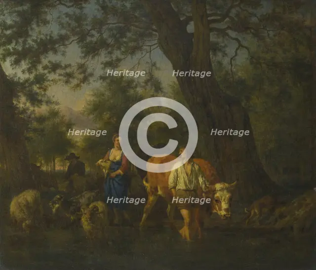 Peasants with Cattle fording a Stream, ca 1662. Artist: Velde, Adriaen, van de (1636-1672)