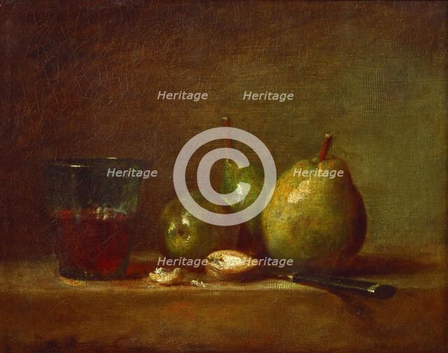 Pears, Walnuts and Glass of Wine. Artist: Chardin, Jean-Baptiste Siméon (1699-1779)