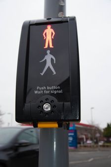 Pedestrian crossing with Radix rotating cone tactile equipment. Creator: Unknown