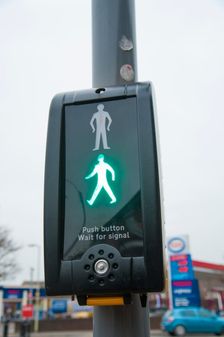 Pedestrian crossing with Radix rotating cone tactile equipment. Creator: Unknown