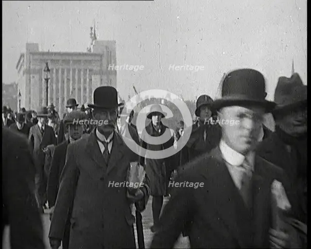 Pedestrians And Commuters Crossing London Bridge, 1920s. Creator: British Pathe Ltd.