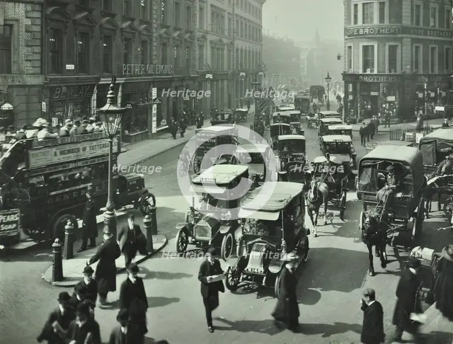 Pedestrians and traffic, Victoria Street, London, April 1912. Artist: Unknown.