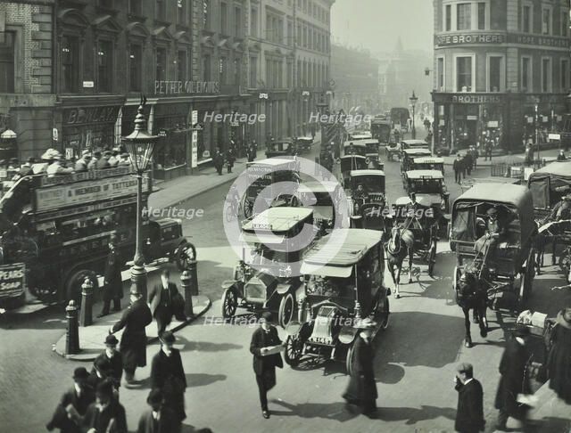 Pedestrians and traffic, Victoria Street, London, April 1912. Artist: Unknown.