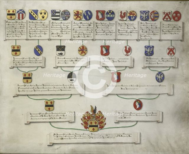 Pedigree with the coats of arms of the sixteen quarters of Jan van de Poll, 1700-1749. Creator: Anon.