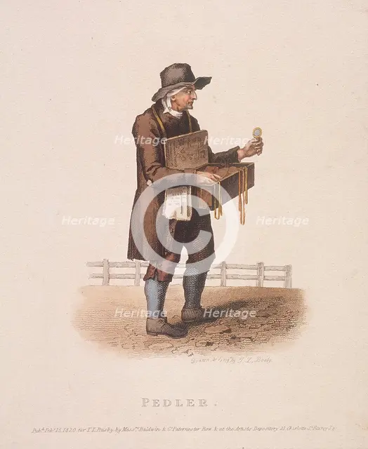 Pedlar with his box of wares hung around his neck, 1820. Artist: Thomas Lord Busby