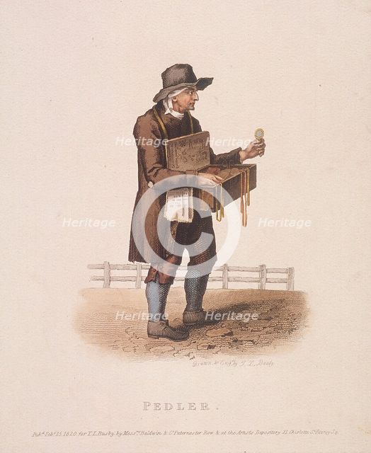 Pedlar with his box of wares hung around his neck, 1820. Artist: Thomas Lord Busby