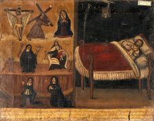 Pedro Diaz Platas with a broken arm (?), his wife (?) and son praying for him after an...1861. Creator: Unknown