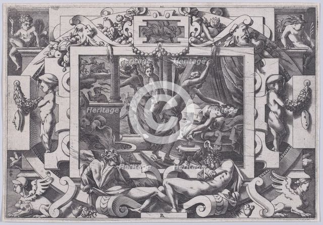 Pelias Killed by his Daughters (Dont par pitié elles prennent courage son sang vider par v..., 1563. Creator: Rene Boyvin.