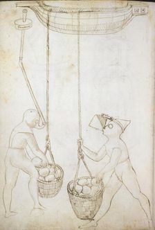 Pen-and-ink drawing showing designs for breathing apparatus for divers, early 16th century. Creator: Francesco di Giorgio Martini