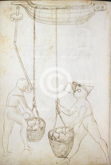 Pen-and-ink drawing showing designs for breathing apparatus for divers, early 16th century. Creator: Francesco di Giorgio Martini.