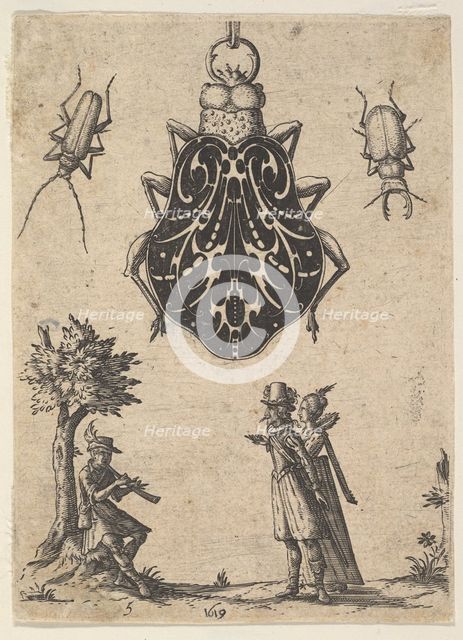 Pendant Shaped like a Beetle with a Couple and a Young Man Playing an Instrument, 1619. Creator: Jean Toutin.